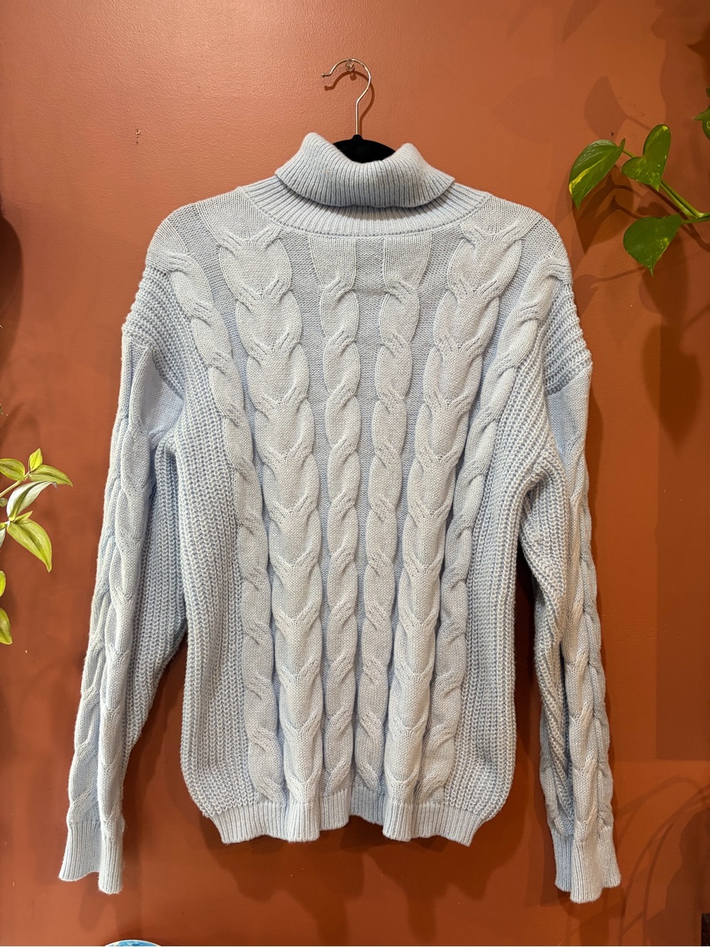 Chunky Light Blue Cable Knit Turtleneck Sweater - Women